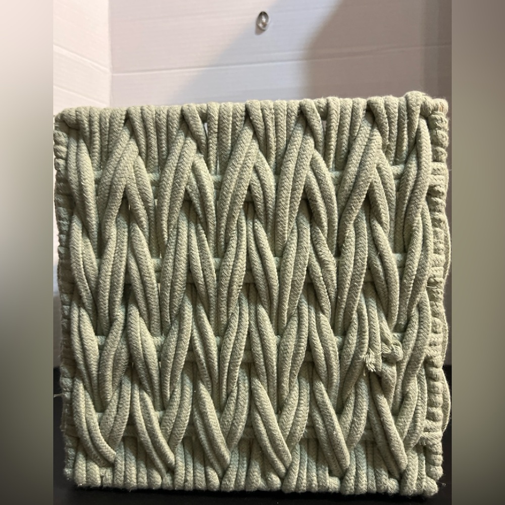 New Two-Tone Woven Decorative Storage Bin – 10” Square Basket (Green & Cream) - Picture 2 of 5